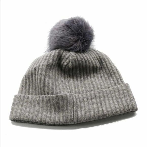 Portolano Cashmere & Faux Fur Pompom Beanie Hat, Gray, One Size, Luxurious, NWT - Picture 9 of 9
